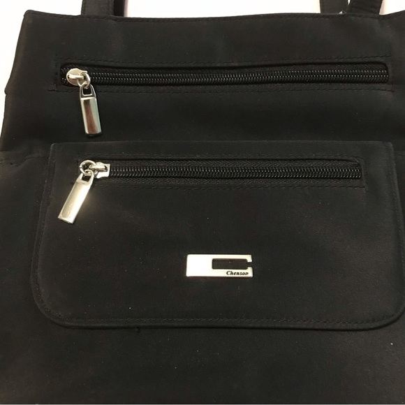 Chenson Black Shoulder Bag Zipper & Velcro Compartments Silver Hardware - Picture 5 of 11